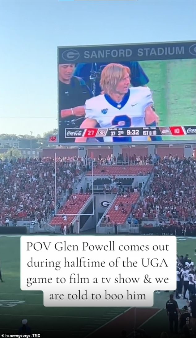 Glen Powell booed by Georgia fans as he ran onto the field to film a Chad Powers scene