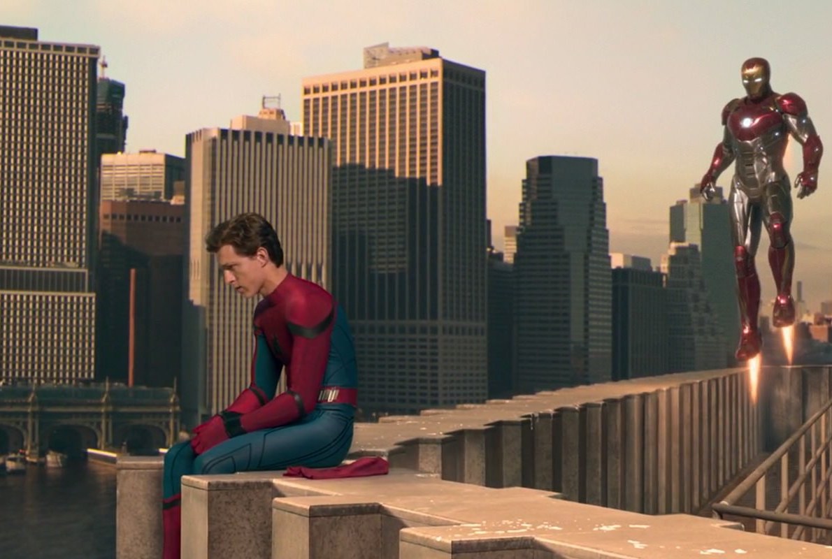 Peter Parker and Iron Man in Spider-Man: Homecoming Talking on a Rooftop