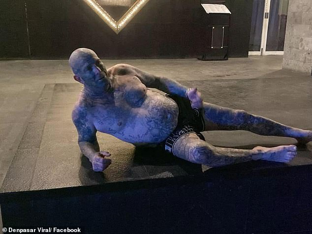 Mark Paul Barry, 54, was stretched out outside the Love Fashion Hotel in Legian, Bali, last week after going on a public rampage and holding up traffic in his underpants several times in recent weeks