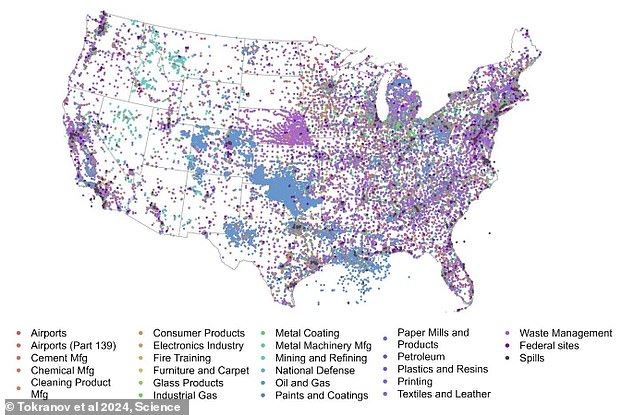 PFAS chemicals are used to manufacture a number of products – from stain-resistant clothing to plastics and pesticides. In this map created by the USGS researchers, each dot represents a potential source of PFAS, according to their assessment. The different colors correspond to the different sources of PFAS