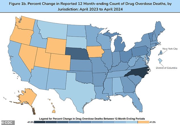 The map above shows the percentage change in drug overdoses by state from the year beginning April 2023 and ending April 2024