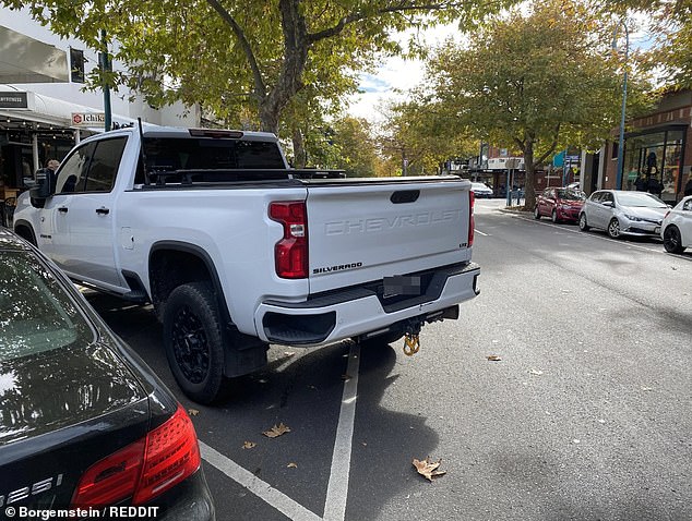 Increasingly popular six-metre behemoths such as the Chevrolet Silverado (pictured) and RAM 1500 will be temporarily exempt from the government's New Vehicle Efficiency Standard. They have sparked outrage on social media over scenes like this