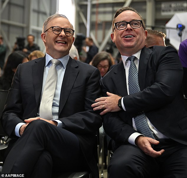 A new book claims that when Mr Albanese was Minister for Transport and Shadow Transport, he contacted Qantas CEO Alan Joyce to arrange his personal travel (pictured Mr Albanese (left) with Alan Joyce)