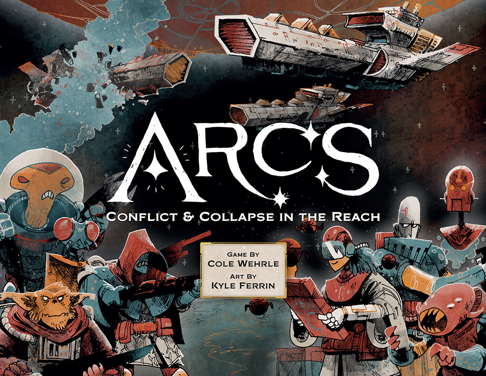 The cover art for Arcs shows aliens, robots and spaceships clashing in space.