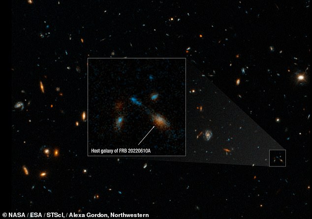 New images from the NASA Hubble Space Telescope have provided the brightest images yet of the host galaxy of an exceptionally powerful fast radio burst, FRB 20220610A. Hubble's sensitivity and sharpness revealed this distant galaxy is part of a 'weird' cluster of seven galaxies