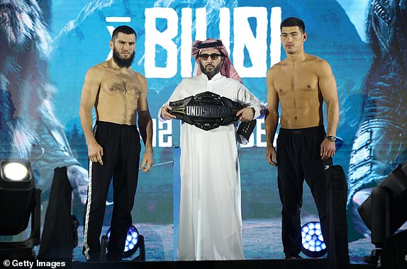 RIYADH, SAUDI ARABIA – OCTOBER 11: Dmitry Bivol and Artur Beterbiev weigh in tomorrow night for their IBF, WBC, WBA and WBO Undisputed Light Heavyweight Fight as part of the Riyadh Season – IV Crown Showdown on October 12, 2024 in Riyadh, Saudi Arabia Arabia. (Photo by Mark Robinson/Matchroom Boxing/Getty Images).