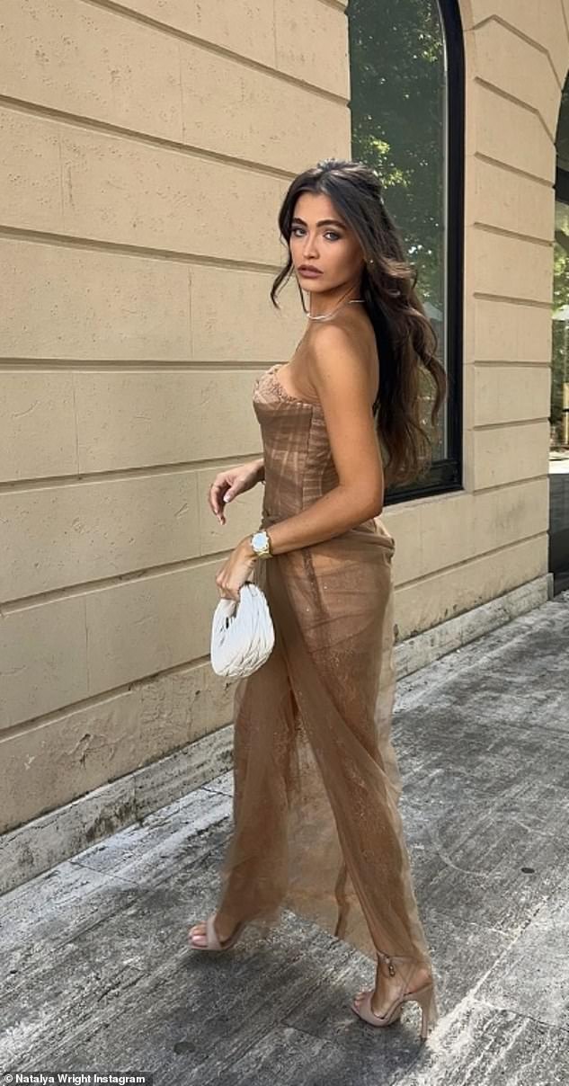 Natalya Wright wowed in a brown corset and sheer lace dress as she confirmed on Instagram on Wednesday that she had attended the festivities