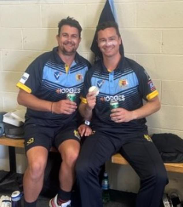 Brighton bowler Glen Parker (right) holds the match-winning ball with skipper Peter Cassidy after taking five wickets with five consecutive deliveries in one over