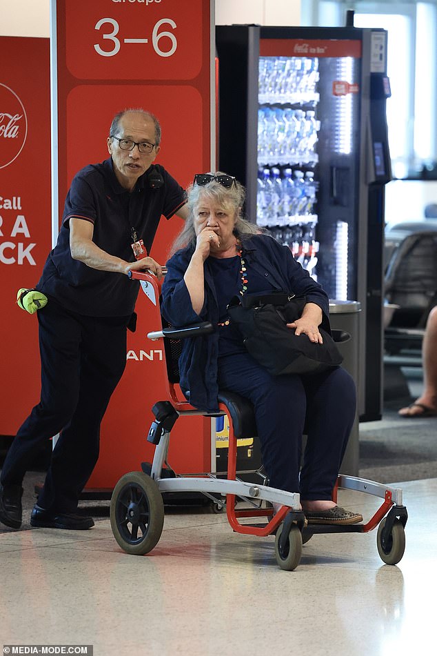 Noni Hazlehurst was pushed through Sydney Airport in a wheelchair as she flew into the city on Monday