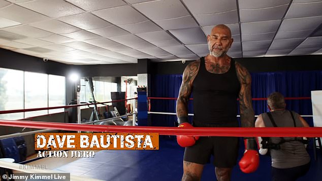 Actor and retired WWE wrestler Dave Bautista tries to adopt Donald Trump's Alpha-male image in a Jimmy Kimmel sketch