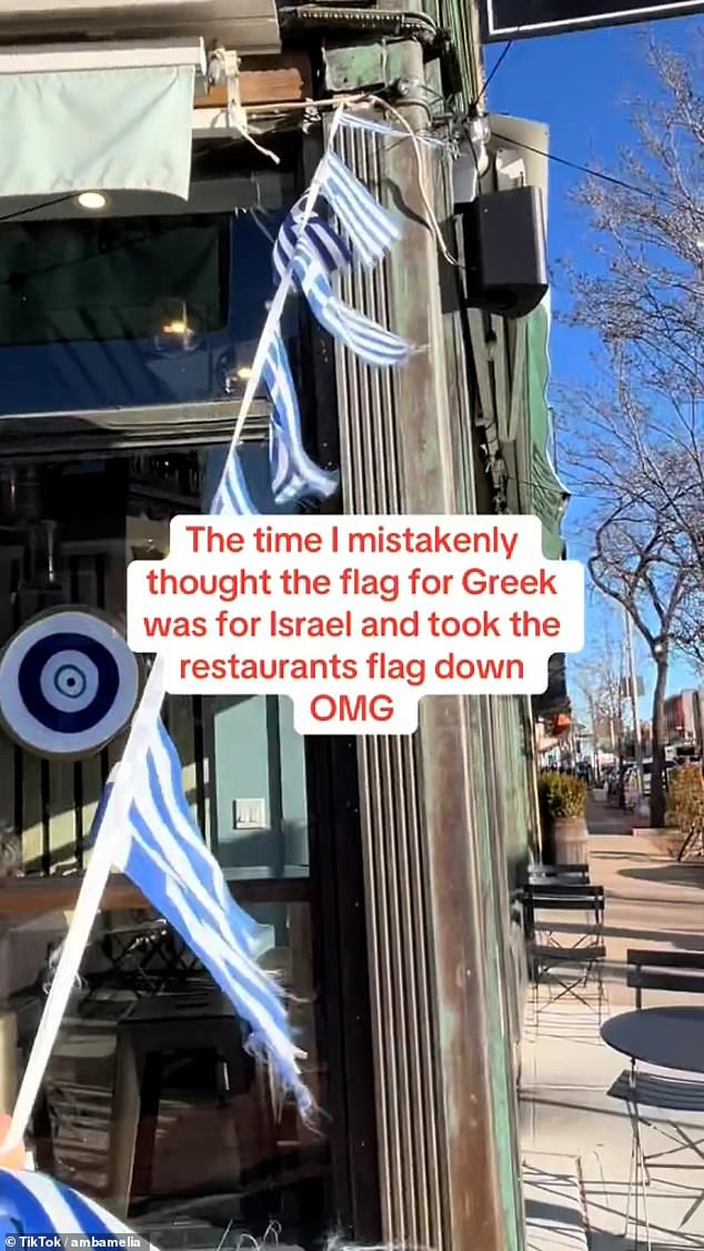 The TikTokker is heard shouting 'I don't stand for genocide, I don't stand for Zionism' as she removed bunting from a New Jersey gyro shop