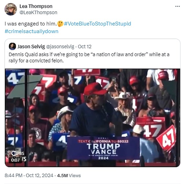 The day after he took the stage and spoke at the rally on Saturday, she reposted the clip alongside a confused face emoji and wrote: 'I was engaged to him'