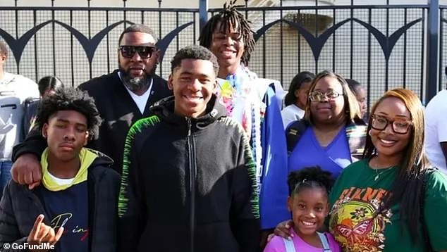 California basketball star Money Williams has been forced to give up his dream of caring for his younger siblings after they were orphaned. In the photo: Williams with his deceased parents and his now orphaned brothers and sisters