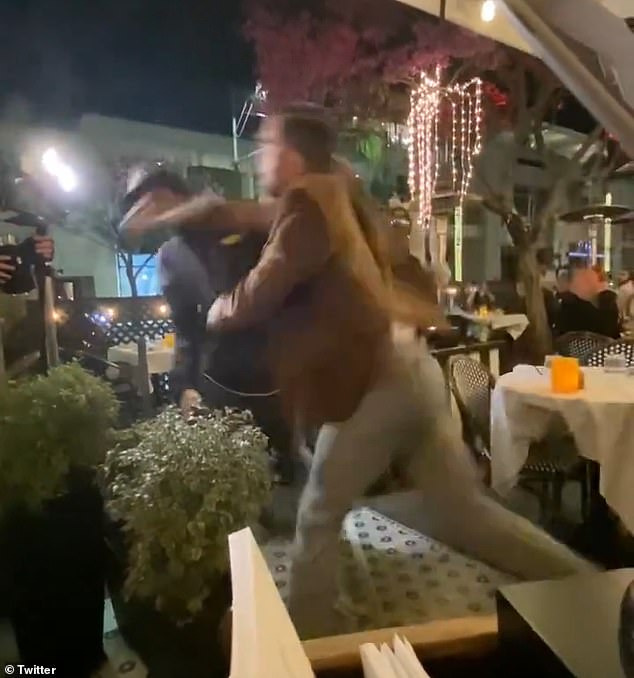 A fight outside Porta Via in Beverly Hills on April 26 between a patron and sidewalk instigators has gone viral on social media