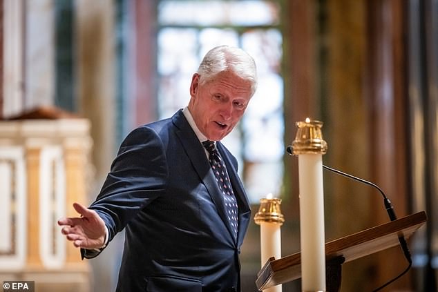 Former President Bill Clinton speaks at a memorial service for Ethel Kennedy, the widow of Robert F. Kennedy, at the Cathedral of St. Matthew the Apostle in Washington, DC, USA, October 16, 2024. He joked that Kennedy used to 