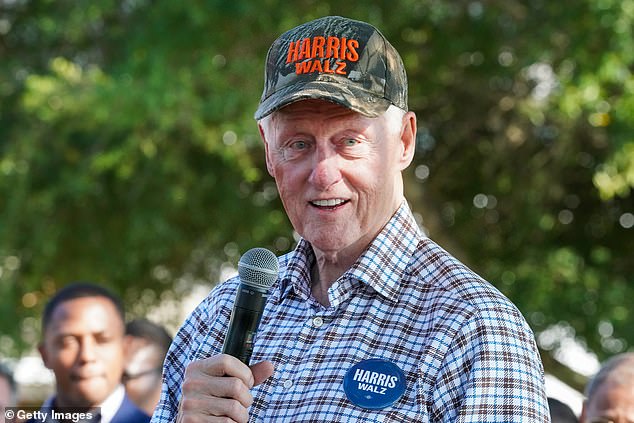 Former President Bill Clinton speaks in support of Harris Walz's presidential campaign during the Fort Valley GOTV Community Fish Fry at the Agricultural Technology Conference Center