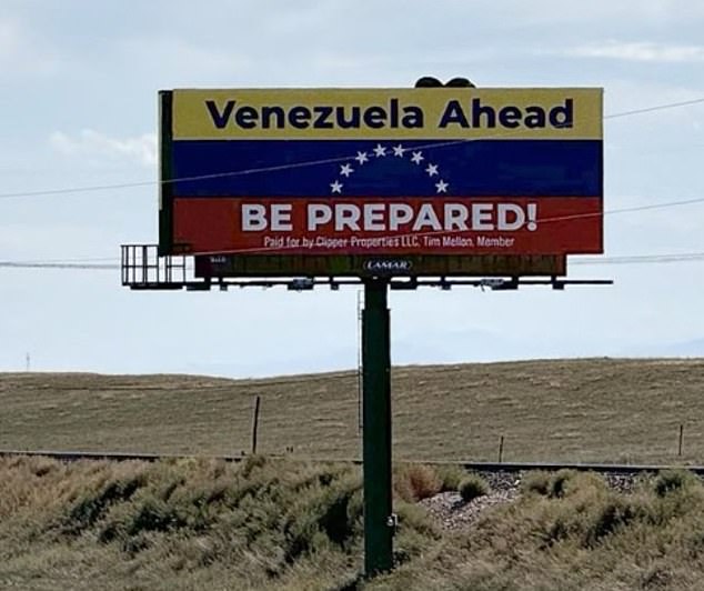 Drivers entering Colorado from Wyoming via I-25 are confronted with the Venezuelan flag sign and warning ahead of November's presidential election