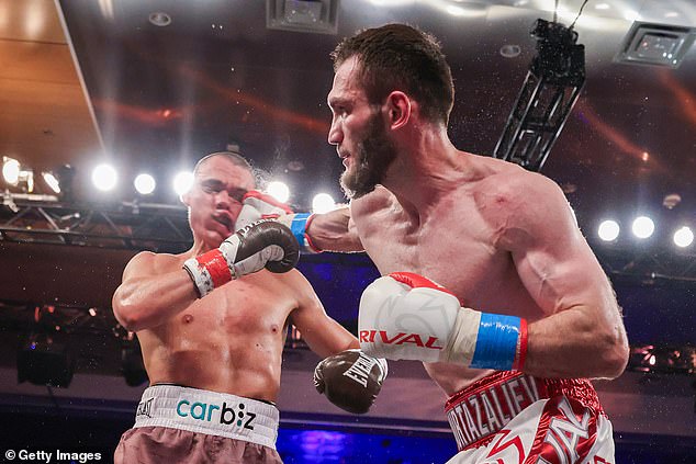 Tim Tszyu (left) was thrown from pillar to post by Bakhram Murtazaliev (right) in their world title fight on Sunday, leaving his boxing career in tatters