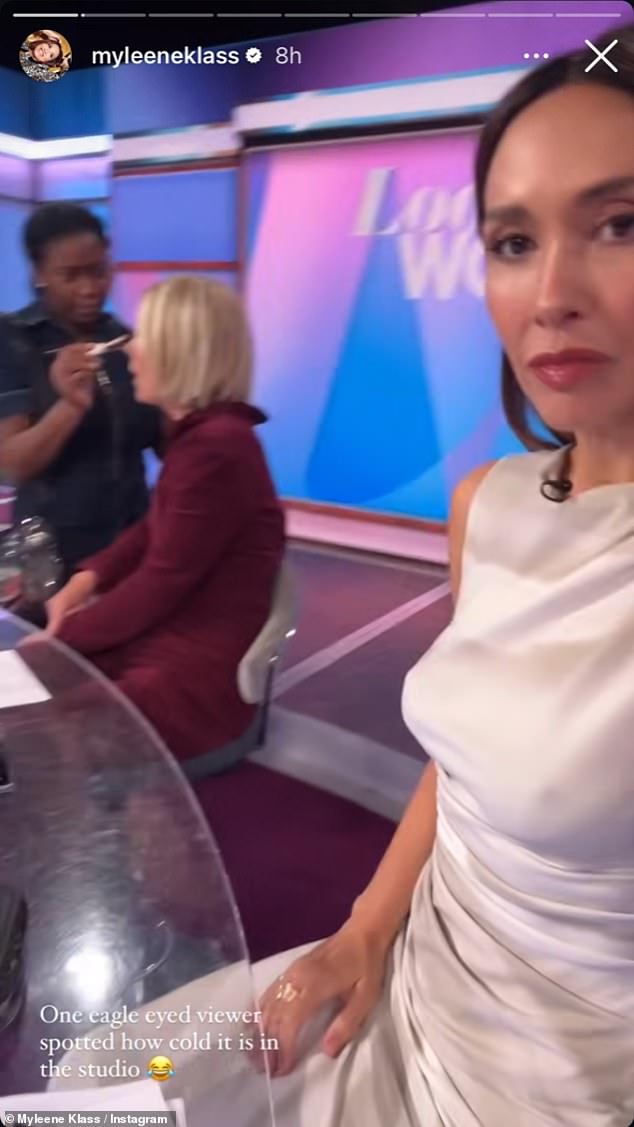 Braless Myleene Klass shared a racy photo as she giggled about being forced to purchase a pair of emergency nipple protectors after an eagle-eyed Loose Women viewer noticed how 'cold it looked in the studio' on Tuesday