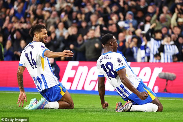 Georginio Rutter (left) and Danny Welbeck (right) both scored as Brighton beat Spurs 3-2