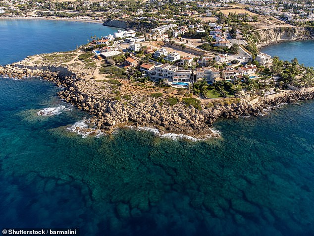 Aerial view on clear blue water of Coral Bay in Peyia, Paphos, Mediterranean Sea near Paphos, Cyprus