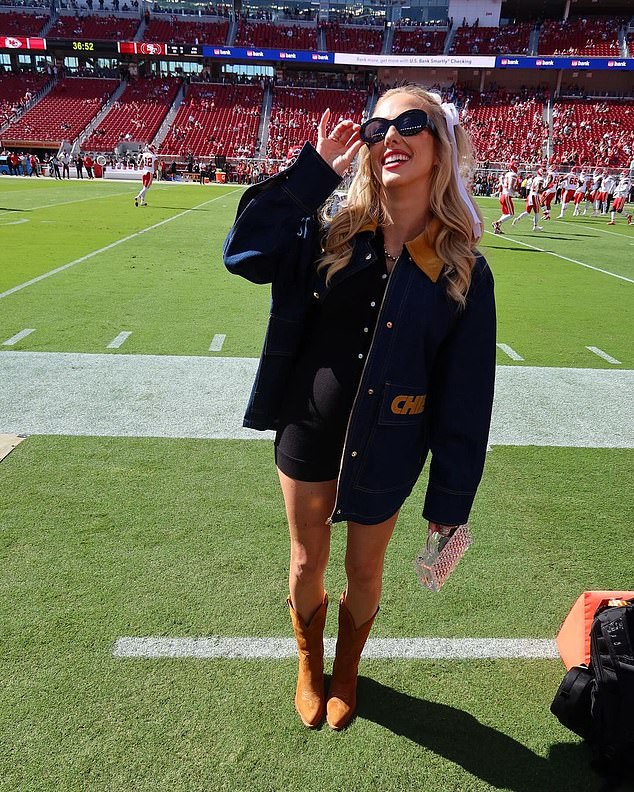 Brittany Mahomes showed off her baby bump on Sunday as she supported her husband Patrick Mahomes on the sidelines