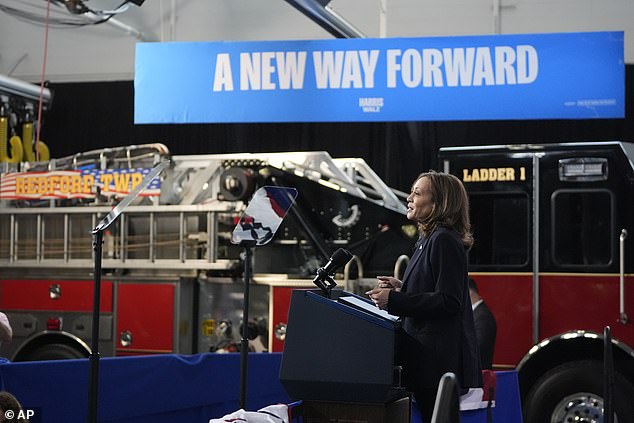 Vice President Kamala Harris speaks Friday at an event at the Redford North Station Fire Department