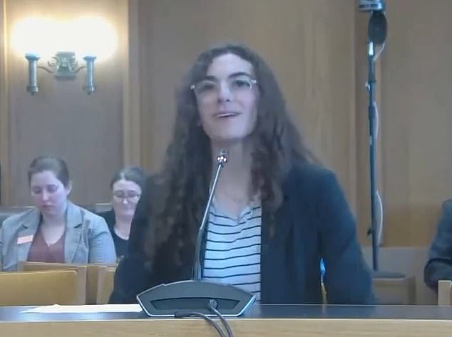 Jacques, 16, (pictured at a New Hampshire hearing in April 2024) was banned from the team earlier this year after the Kearsarge school board voted to bring the district into compliance with a new state law that banned transgender students from to participate in girls' competitions. sport. But the school board ruled in August that she could rejoin the team after she filed a direct appeal, citing a lawsuit alleging that New Hampshire's sports ban violated federal Title IX regulations.