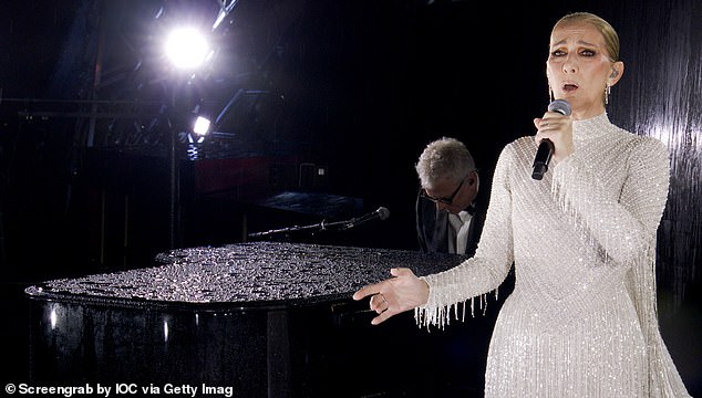 Celine Dion performs on the Eiffel Tower during the opening ceremony of the Paris 2024 Olympic Games