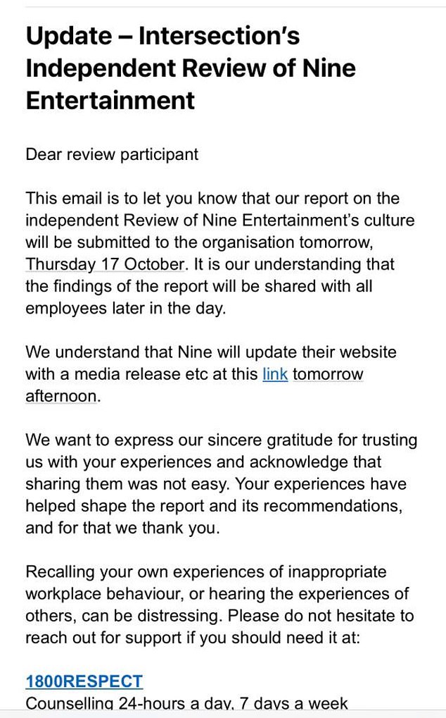 In an internal email to all staff on Wednesday afternoon, Mr Stanton said additional support staff would be on hand to comfort staff if necessary following the release of the findings - although it is understood he is not yet familiar with the content of the review (photo)