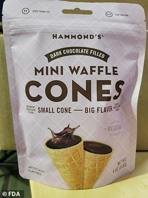 Mini waffle cones filled with dark chocolate (pictured here) from Hammond's Candies have been recalled due to undeclared milk