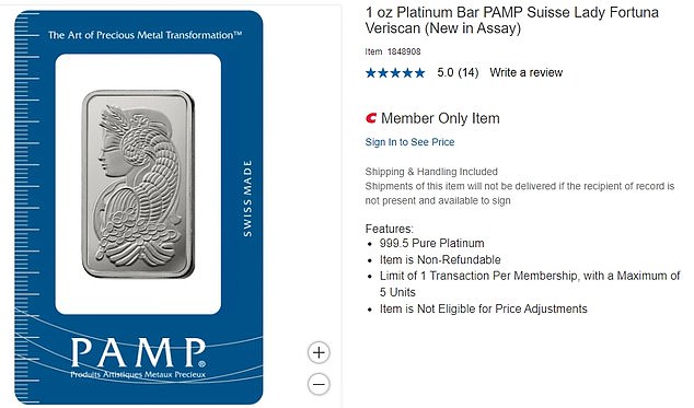 The wholesaler launched platinum bars for $1,089.99 on its website on Wednesday