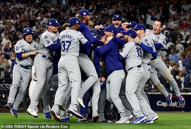 The Dodgers celebrate winning the 2024 World Series. The last time they won the World Series, Donald Trump lost the election a week later.