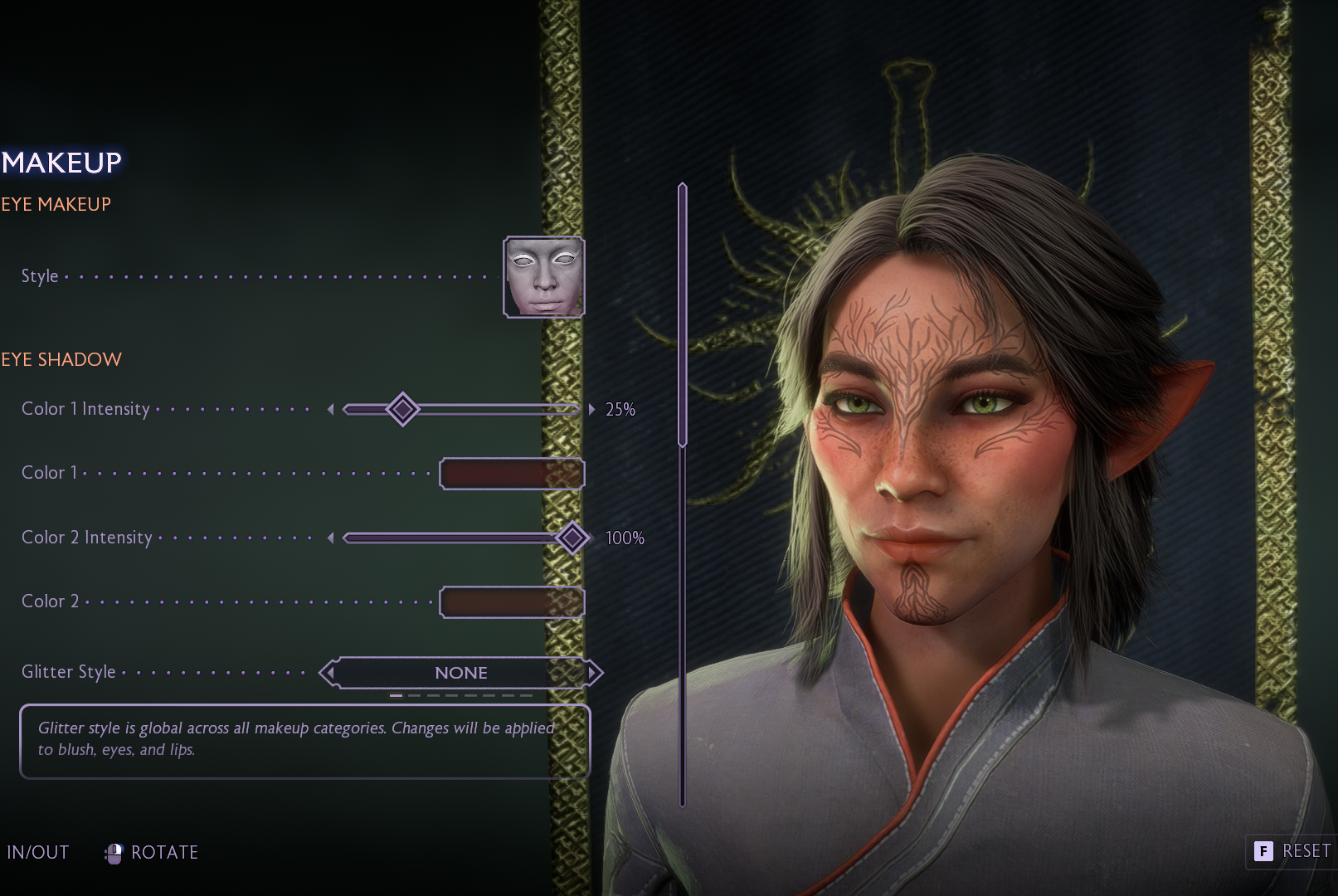 A screenshot of the character creation screen of the Inquisitor from Dragon Age: The Veilguard, showing a female elf Inquisitor with light gray cropped hair and tattoos of tree branches.