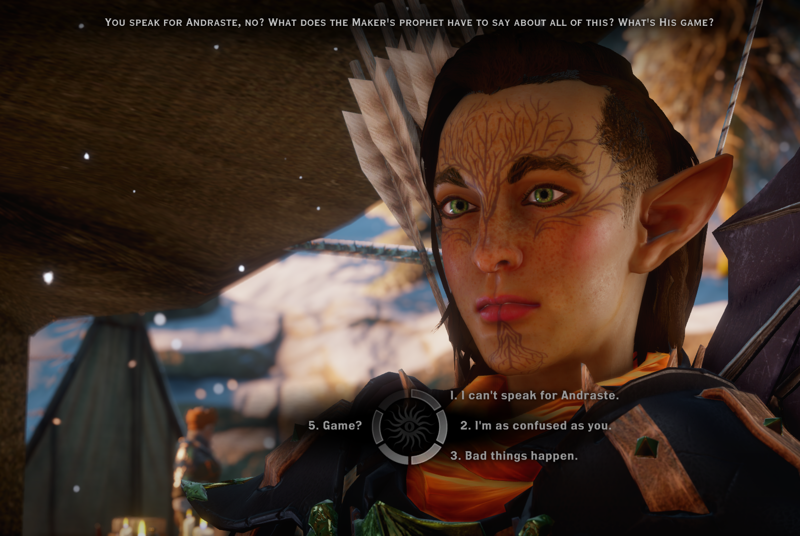 A screenshot from Dragon Age: Inquisition, featuring a female elf Inquisitor, with braided hair and tree branch tattoos.