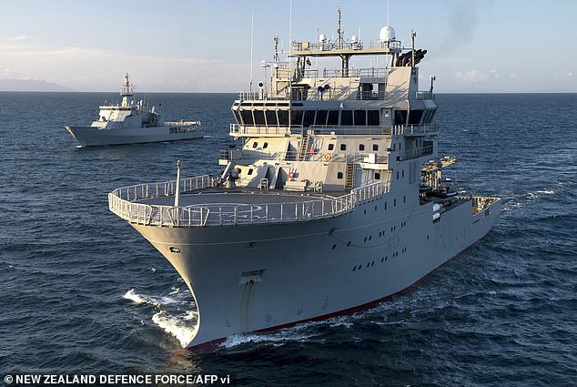 HMNZS Manawanui (pictured), the Royal New Zealand Navy's specialist diving and hydrographic vessel, was conducting a reef survey off the coast of the Samoan island of Upolu before it ran aground on Saturday.