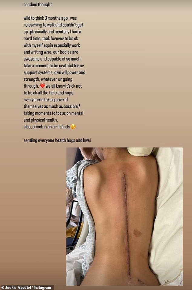 The songwriter, 29, posted a photo of an extensive scar down the center of her back as she opened up about her mysterious condition in an Instagram post on Monday.