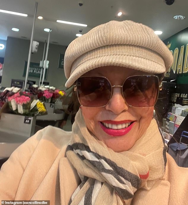 Joan Collins oozed sophistication as she headed to M&S for a shopping spree on Saturday in a cream flat cap and Burberry scarf, sharing a clip on Instagram