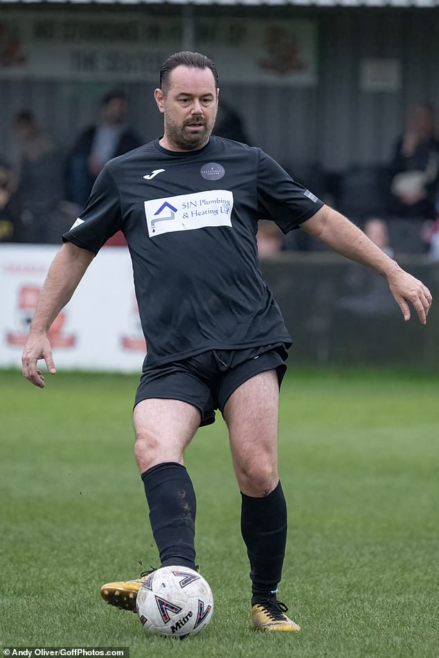 Danny Dyer didn't hold back as he cut a sporting figure on the football pitch at Sellebrity Soccer's charity match at Hartley Wintney FC in Hampshire on Sunday