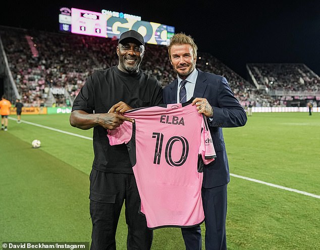 Idris Elba received a personalized Inter Miami shirt from club CEO David Beckham on Saturday evening at Chase Stadium in Fort Lauderdale