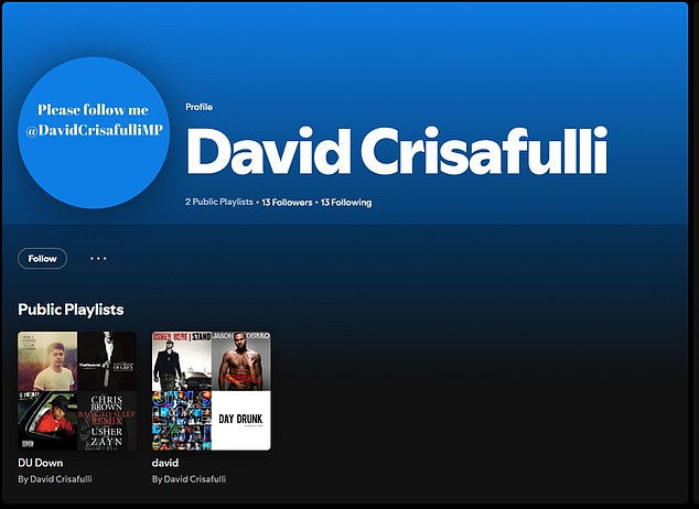 'DU Down' features lines including: 'I'm going hard in bed, I'm pulling her hair/Diamonds glittering all in your face/Now put that ass in the air' and the chorus has the chorus: 'D*** you down, d*** you down' (photo: Mr Cristafulli's Spotify account)