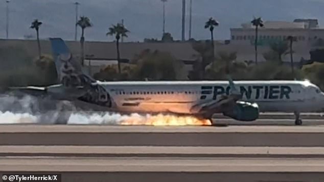 A Frontier plane caught fire Saturday as it landed at Harry Reid International Airport in Las Vegas, Nevada