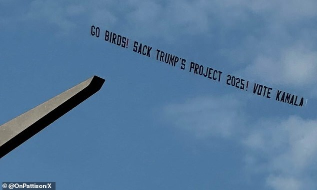 Democrats flew several anti-Donald Trump messages over football stadiums on Sunday