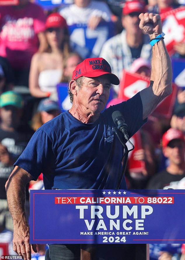 Dennis Quaid, 70, joined former President Donald Trump at a campaign rally he held at Calhoun Ranch in Coachella, California on Saturday