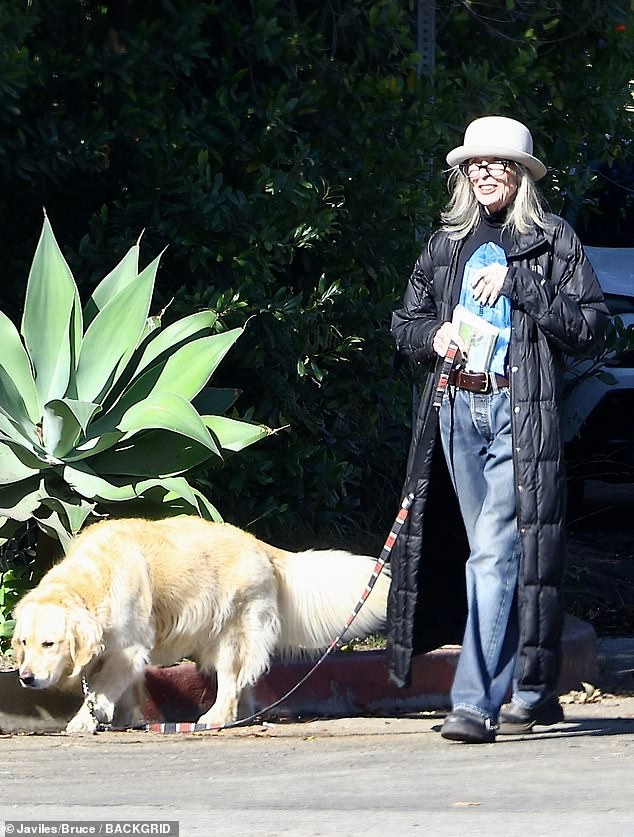 Diane Keaton, 78, got one-on-one with her four-legged roommate Reggie during one of their daily walks through their Brentwood neighborhood in Los Angeles