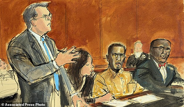 In this courtroom sketch, Diddy's attorney Marc Agnifilo (left) addresses the judge as Combs, second from right, in prison uniform, looks on during a hearing in federal court in New York. Combs' new attorney, Anthony Ricco, sits on the far right