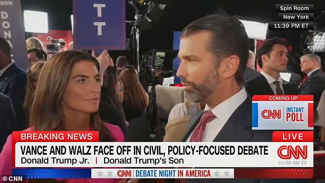 CNN host Kaitlan Collins and Donald Trump Jr. got into a tense discussion in the spin room on Tuesday after the vice presidential debate