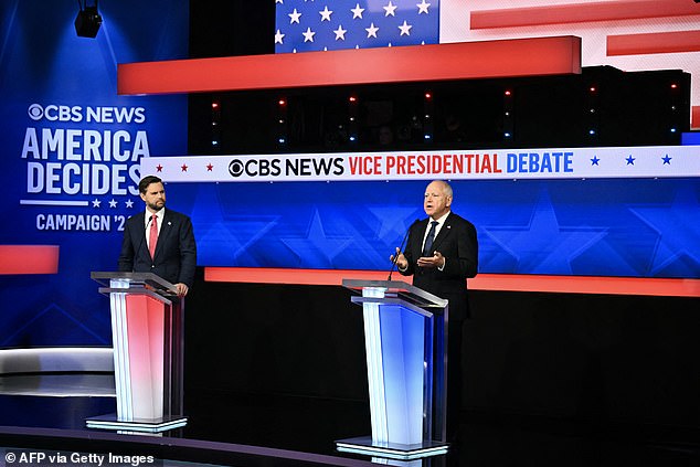 Walz, 60, (pictured, right) sparred with his Republican colleague JD Vance (pictured, left) last night during the one and only vice presidential debate on CBS