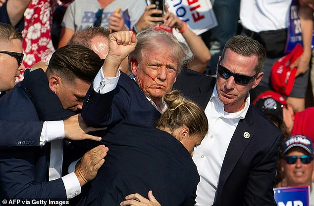 Donald Trump is seen with blood on his face surrounded by Secret Service agents as he is taken off stage during a campaign event at Butler Farm Show Inc. in Butler, Pennsylvania, July 13, 2024