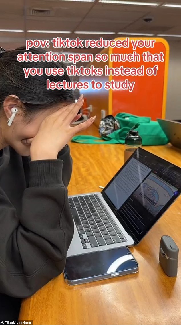 A TikTok video in which a woman jokes about students' shorter attention spans